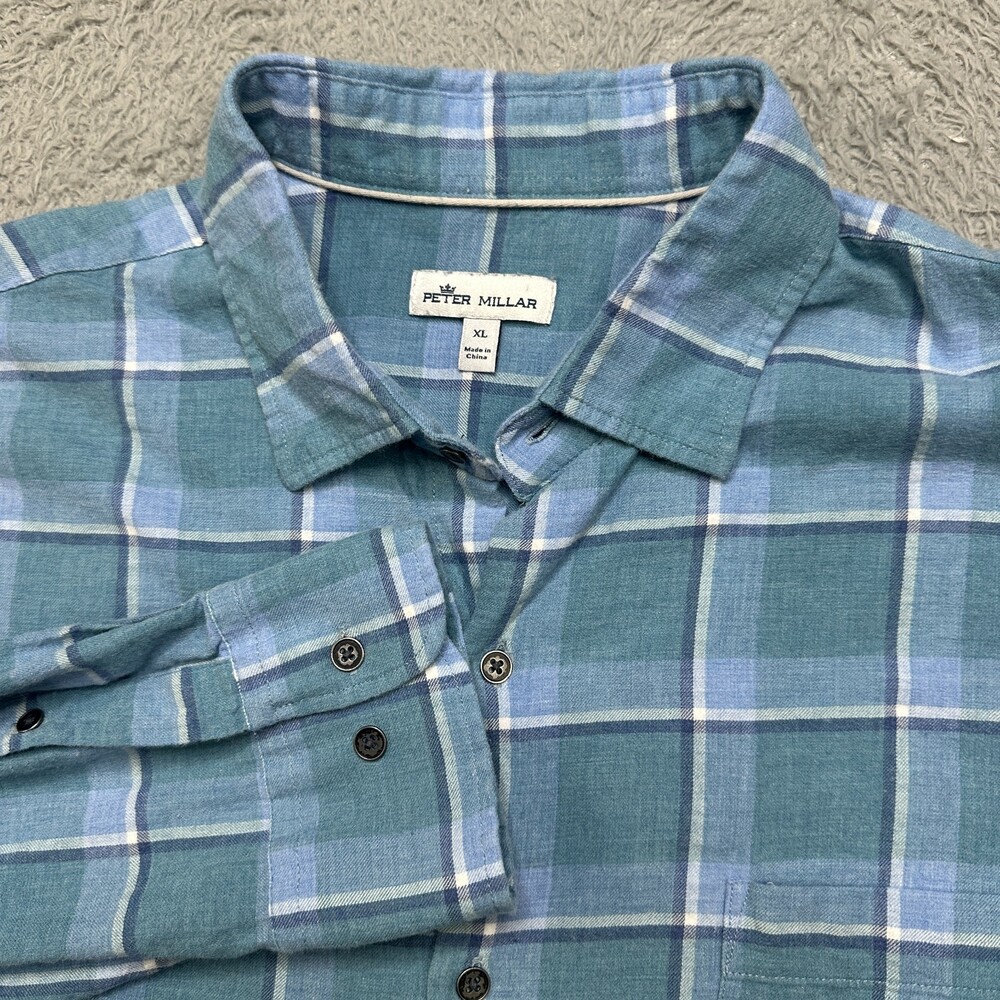 Peter Millar Shirt Mens XL Blue Green Flannel Plaid Long Sleeve Button